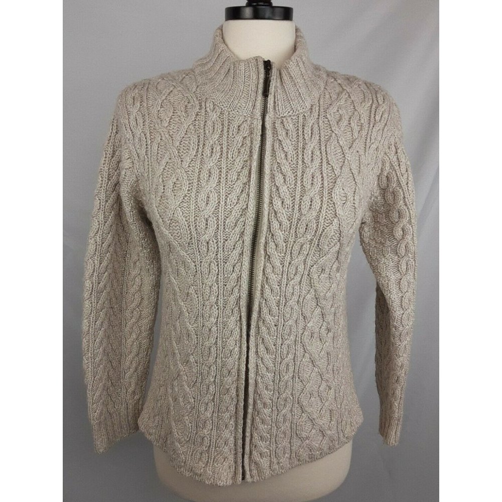 Cable Knit Zip-Front Turtleneck Sweater - Cream